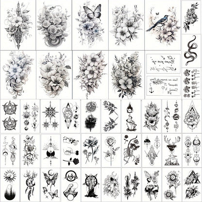 Floral Temporary Tattoos for Women 44-Pack | Realistic Butterfly Snake Half Arm Body Art Stickers | Large & Small Sheets Waterproof Long-Lasting Fake Tattoo | Black Flower Design Set for Adults Teens