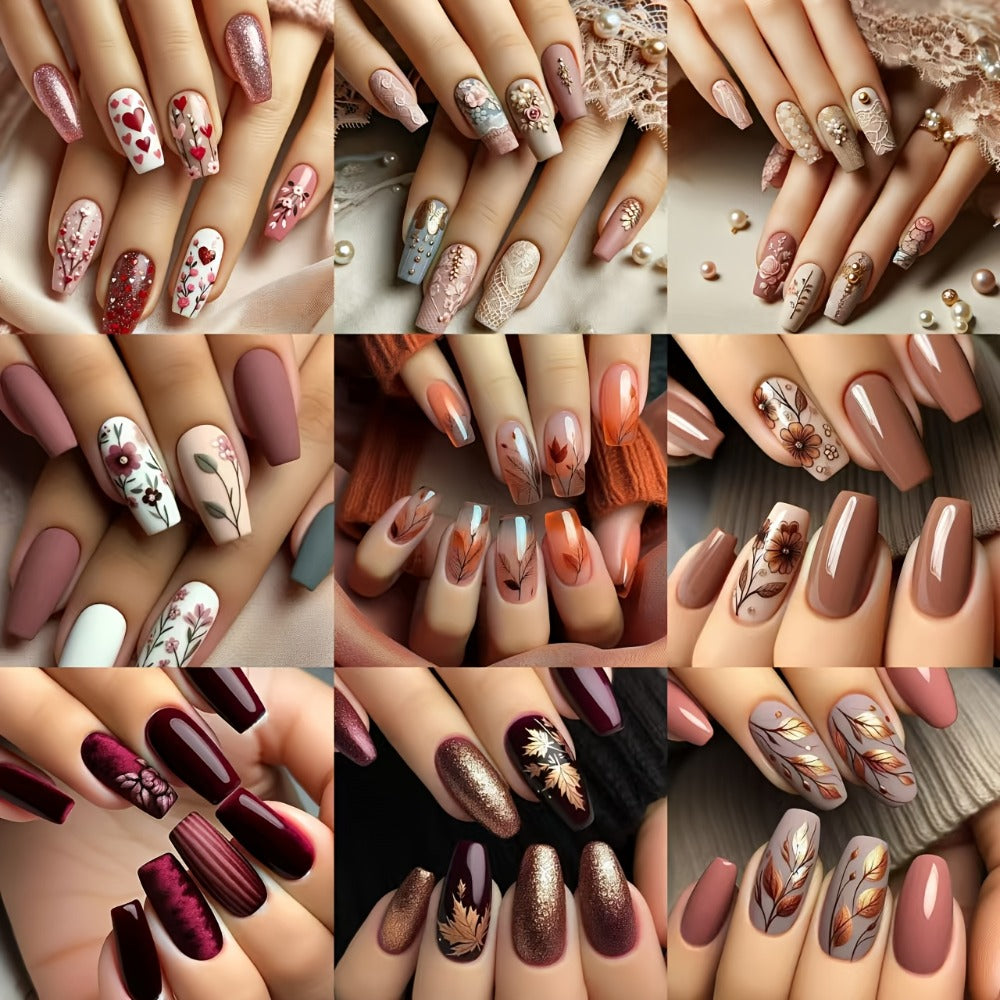Press On Nails 216-Piece Middle Ballet Nine-Pack Mixed Flower Maple Glossy Set with Jelly Adhesive and File