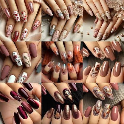 Press On Nails 216-Piece Middle Ballet Nine-Pack Mixed Flower Maple Glossy Set with Jelly Adhesive and File