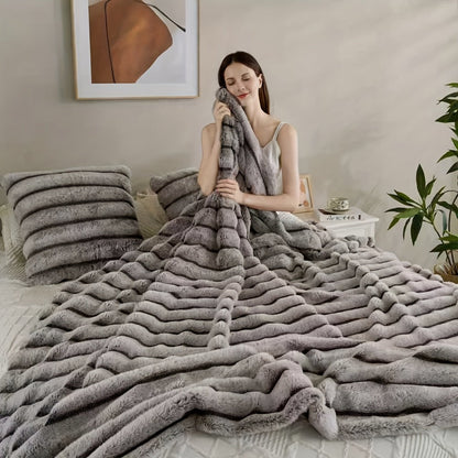 Double-Layer Faux Rabbit Fleece Blanket in Grey, Khaki or Beige with Five Sizes from Small Throw to King