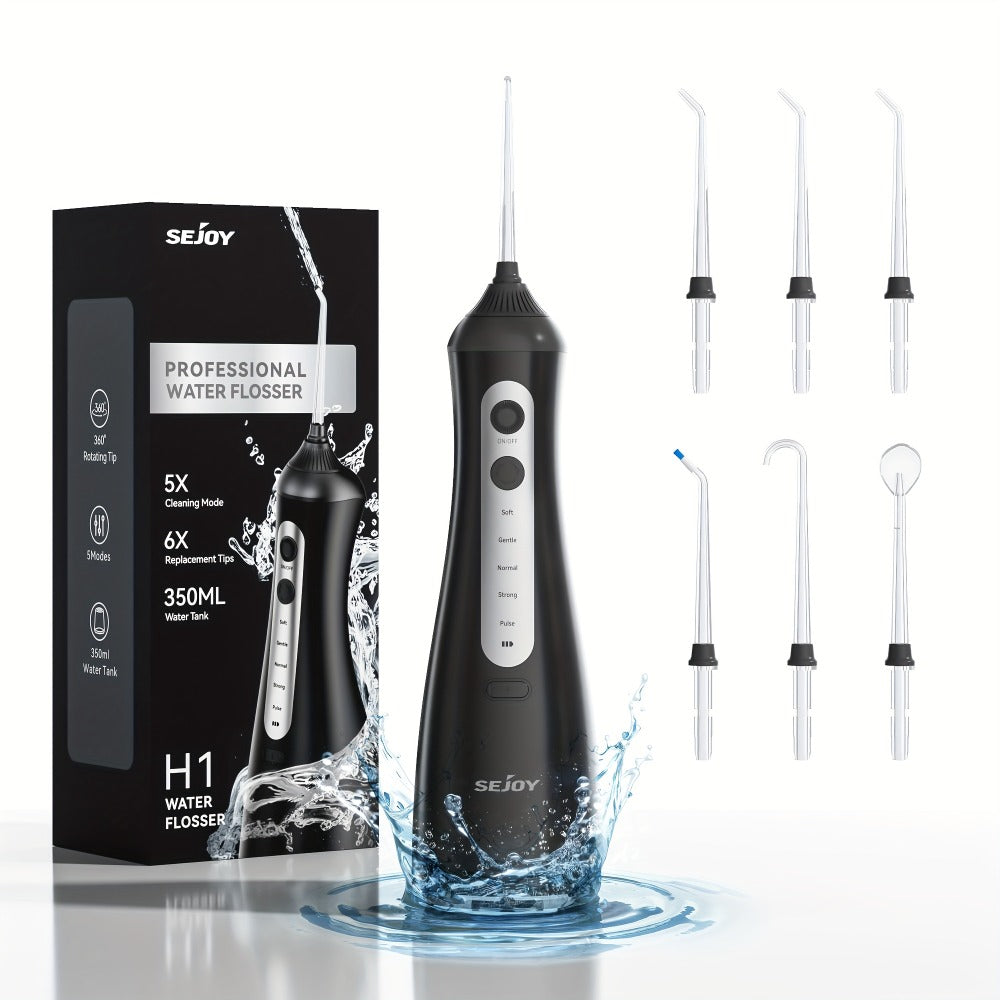 350 ml Cordless Water Flosser Kit with Six Jet Tips, Five Mode Labels, USB Cable and Manual