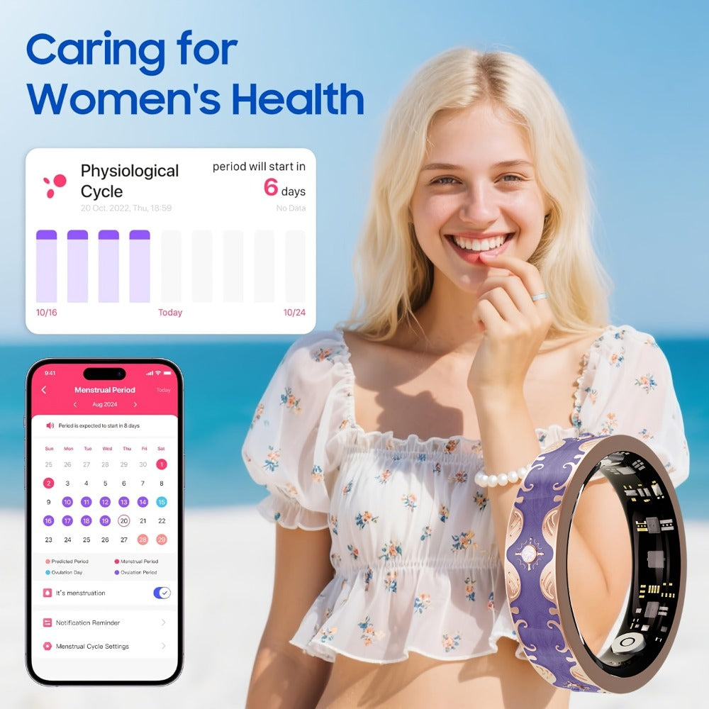 Smart Ring for Women Health & Sleep Tracker No Subscription – 24/7 Heart Rate Stress Fitness Monitoring, Gesture Photo Control, Strava Sync, iPhone & Android Compatible, Navy Blue & Sunset Purple US Size 7 9 10