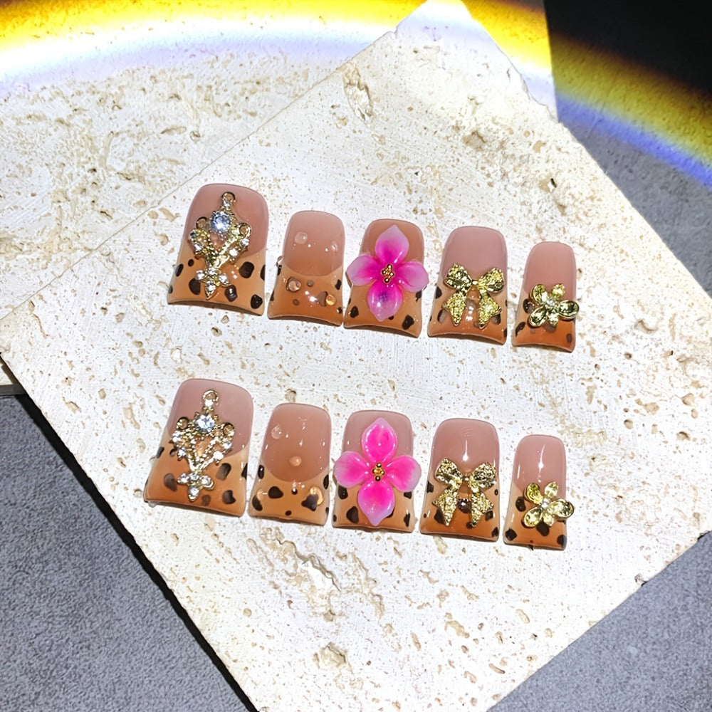 Press On Nails 10-Piece Medium Duckbill Set with Brown-Pink Gradient, 5D Flowers and Included Gel Tabs