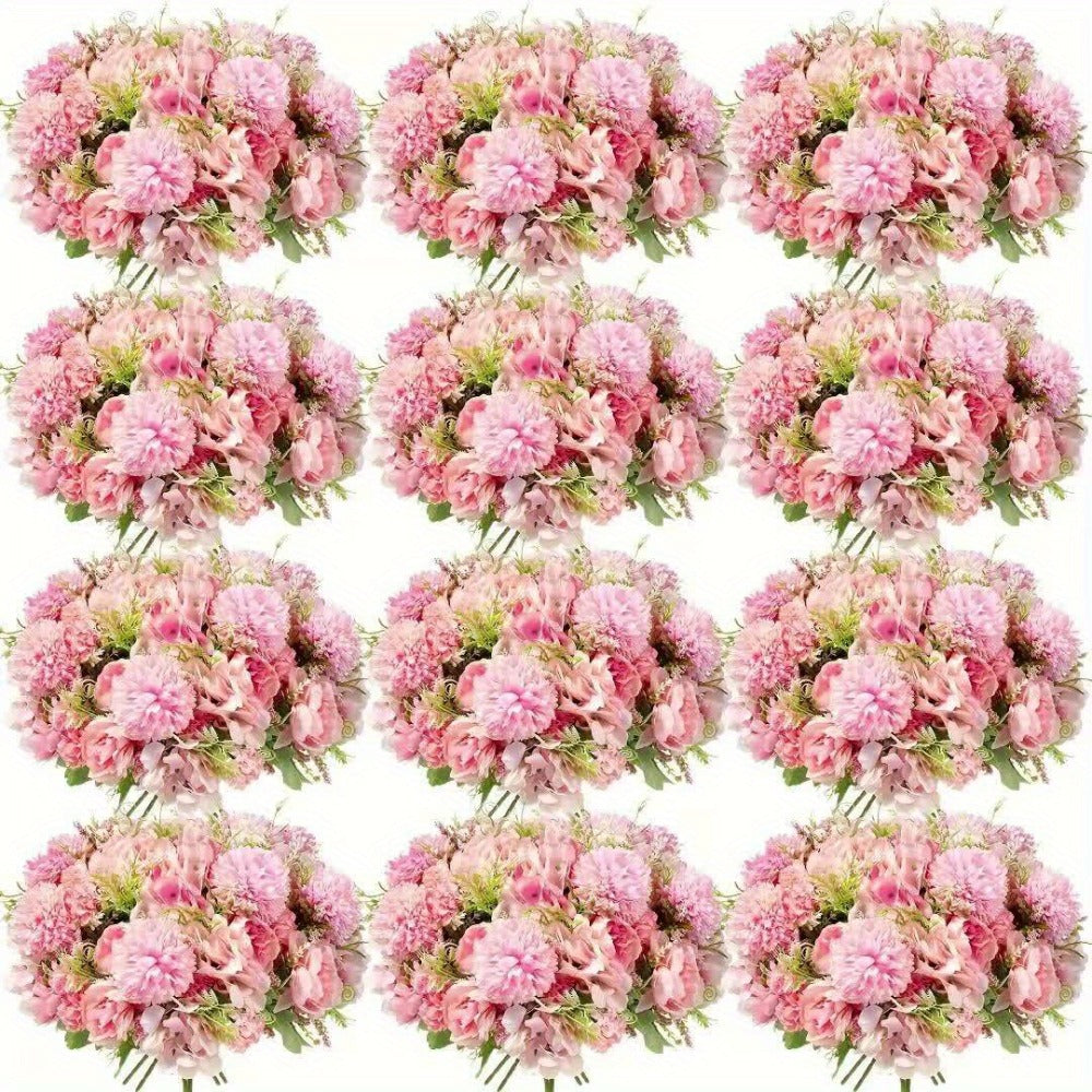 Artificial Flowers 12-Bundle Peony and Hydrangea Bouquet Set in Five Colors for Wedding Decor