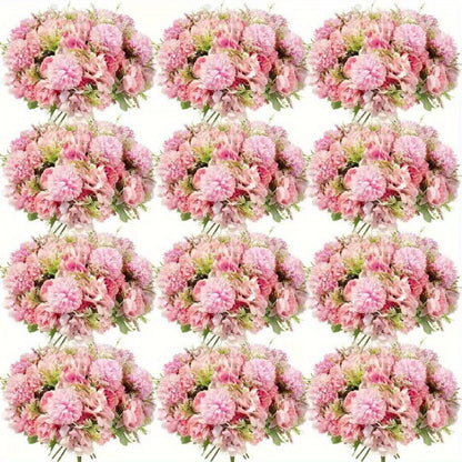 Artificial Flowers 12-Bundle Peony and Hydrangea Bouquet Set in Five Colors for Wedding Decor