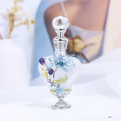 Refillable 10 ml Decorative Glass Perfume Bottles with Floral Inlay and Eight Color or Shape Options