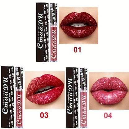 Three-Piece Skull-Design Glitter Lip Gloss Set with Nine Exact Color Combination Checkout Options