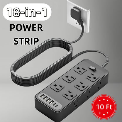 Power Strip 18-in-1 with 12 AC Outlets, 6 USB Ports, Master Switch and 5- or 10-Foot Cord Options