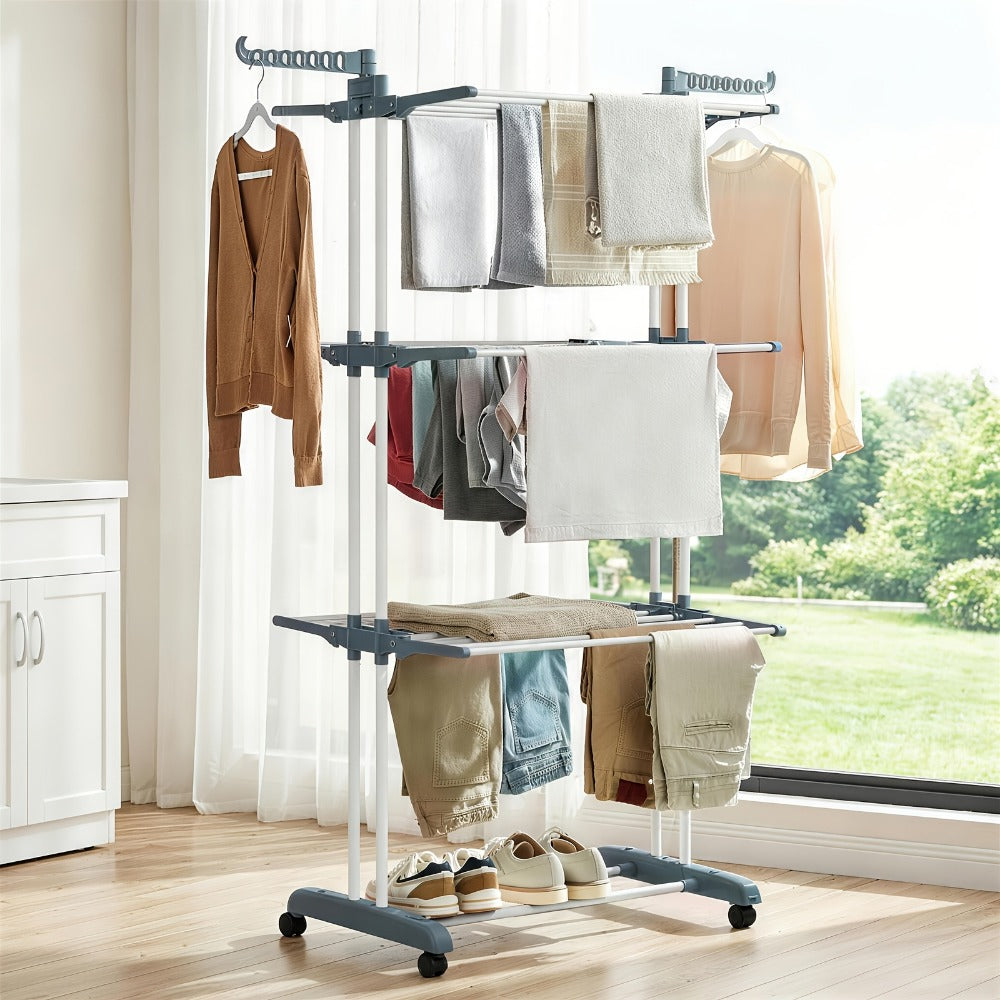 Four-Tier Foldable Metal Clothes Drying Rack with Casters for Up to 30 Garments and Small Spaces
