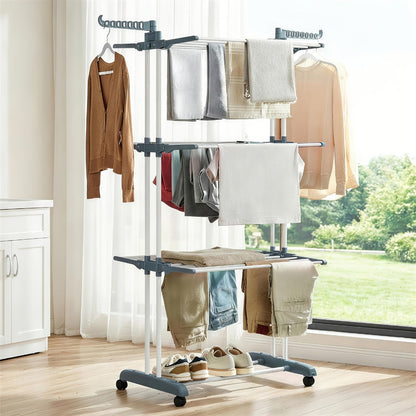Four-Tier Foldable Metal Clothes Drying Rack with Casters for Up to 30 Garments and Small Spaces