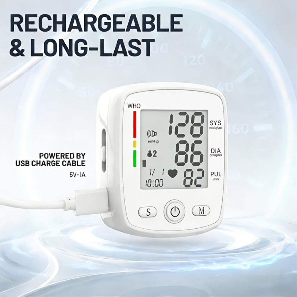 Blood Pressure Monitor Wrist Device with Rechargeable Power, Large LCD, Voice Readout and Two-User 198-Reading Memory