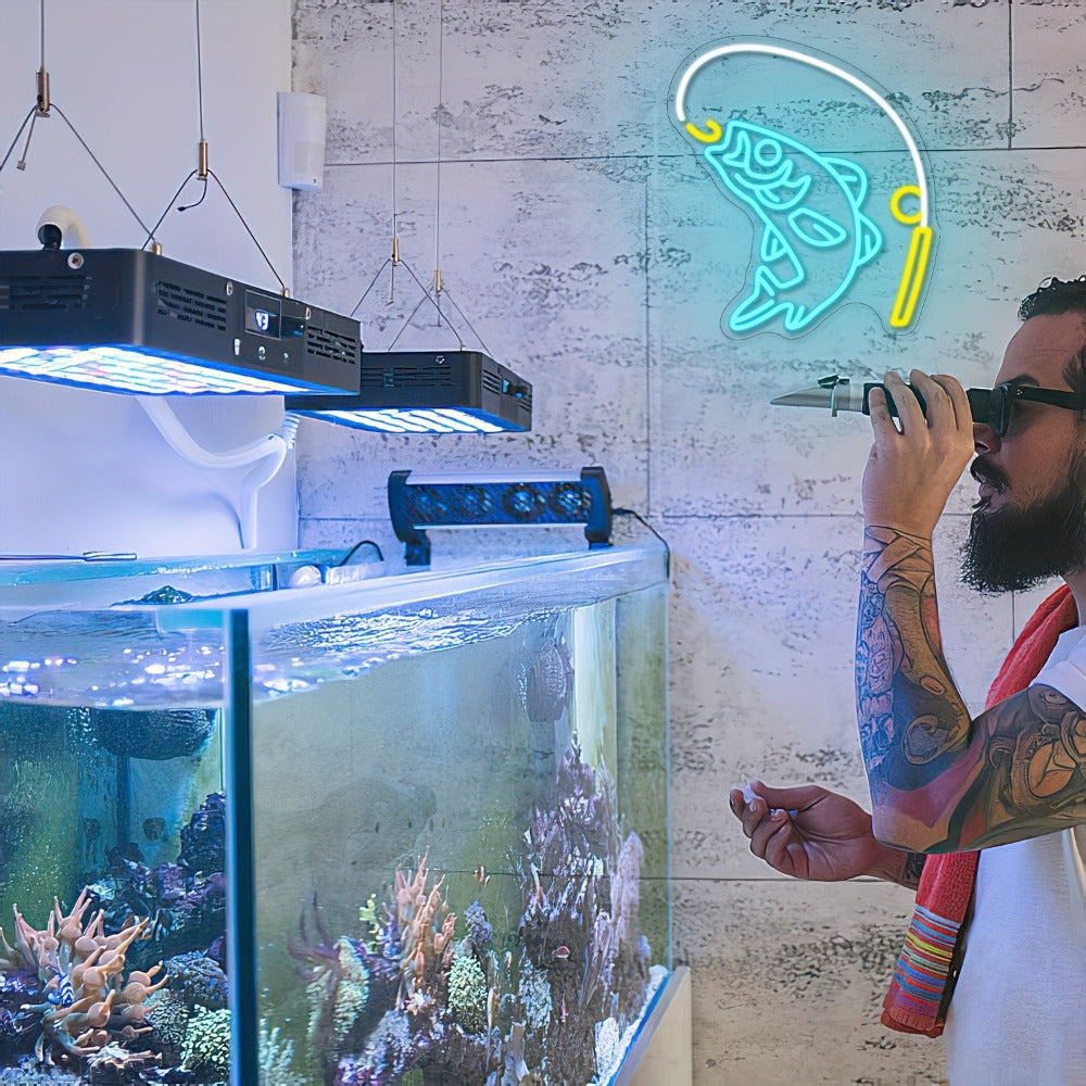 Fishing Neon Sign LED Wall Decor – Dimmable Multicolor Go Fishing Hook Neon Light for Man Cave, Bedroom, Tackle Shop, Bar & Game Room, Fly Fishing Gift & Unique Wall Art