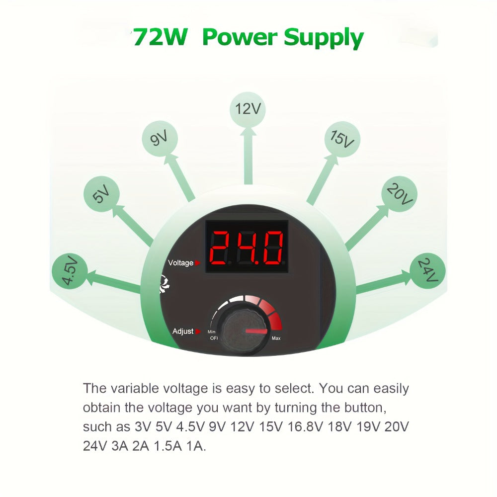 Adjustable 3–24V AC/DC Power Adapter with 72W Label, LCD Readout, Knob Control and Connector Set