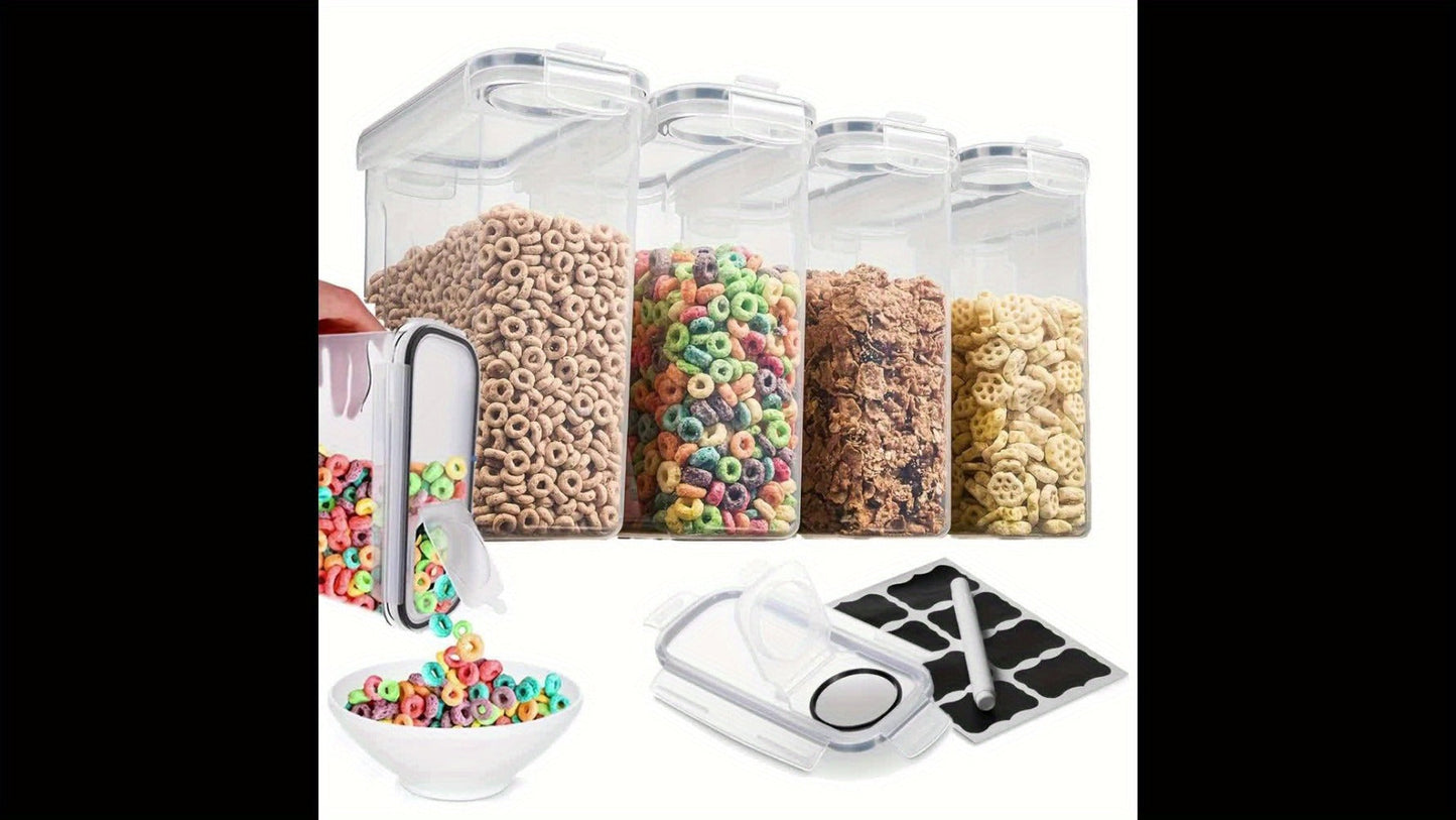 Food Storage Containers Four-Piece Clear Cereal Canister Set with Clip-On Lids and 4-Liter Capacity Each