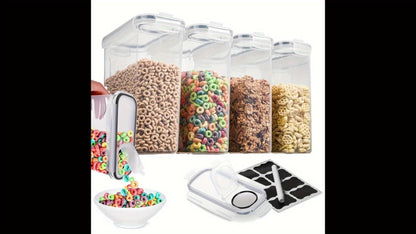 Food Storage Containers Four-Piece Clear Cereal Canister Set with Clip-On Lids and 4-Liter Capacity Each