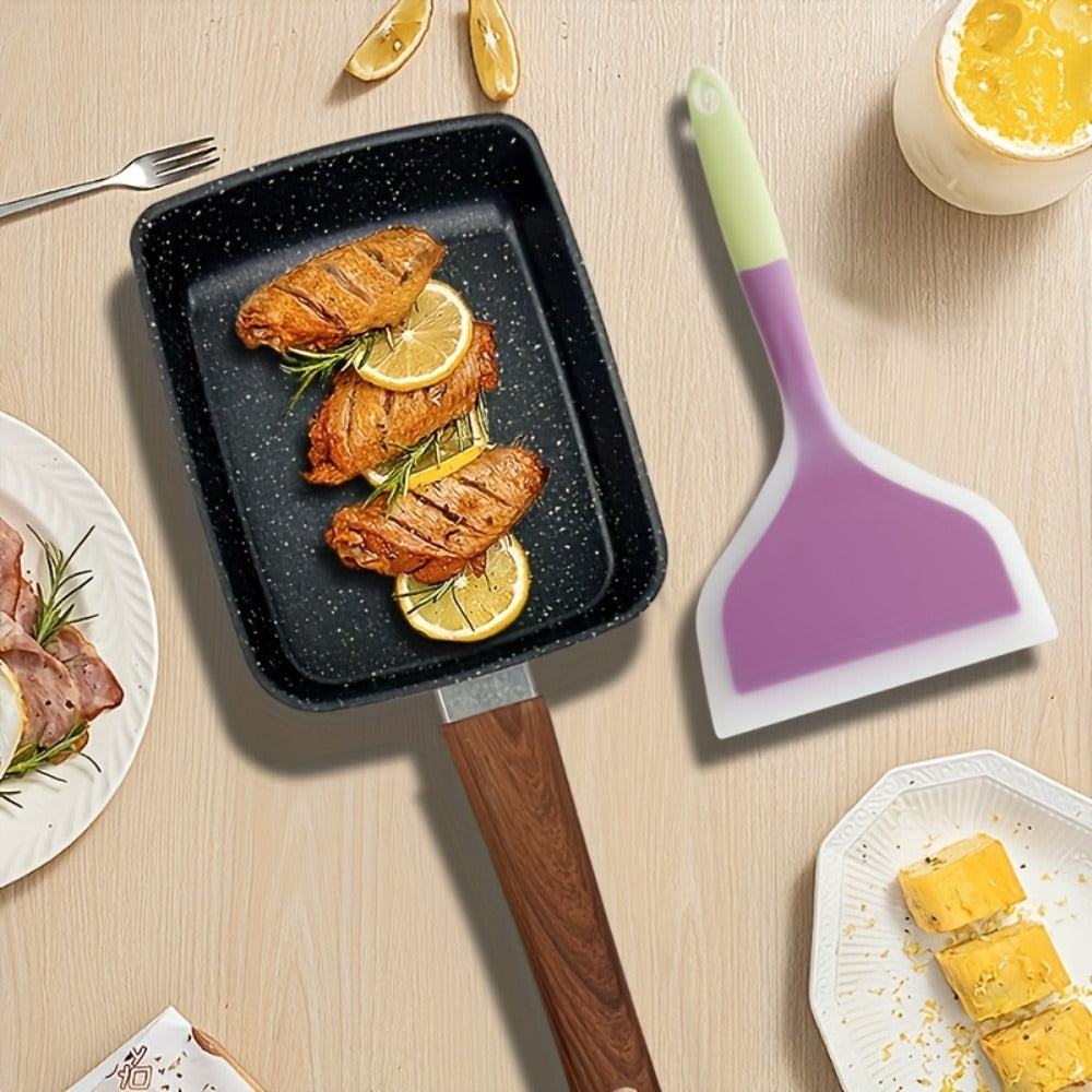 Rectangular Tamagoyaki Egg Pan with Wooden or Plastic Handle and Optional Silicone Spatula in Three Options