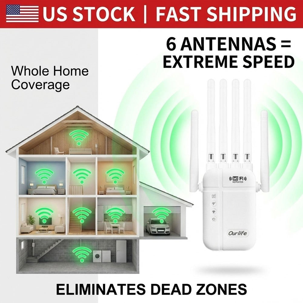 WiFi Range Extender Ourlife 1800Mbps WiFi 6 Dual-Band with Six Antennas, WPS Control and Ethernet Port