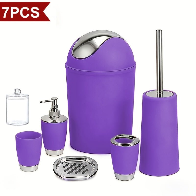 Seven-Piece Bathroom Accessory Set with Waste Bin, Toilet Brush, Dispenser and Containers in Seven Colors