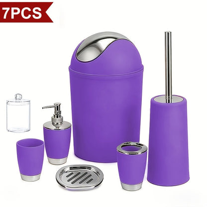 Seven-Piece Bathroom Accessory Set with Waste Bin, Toilet Brush, Dispenser and Containers in Seven Colors