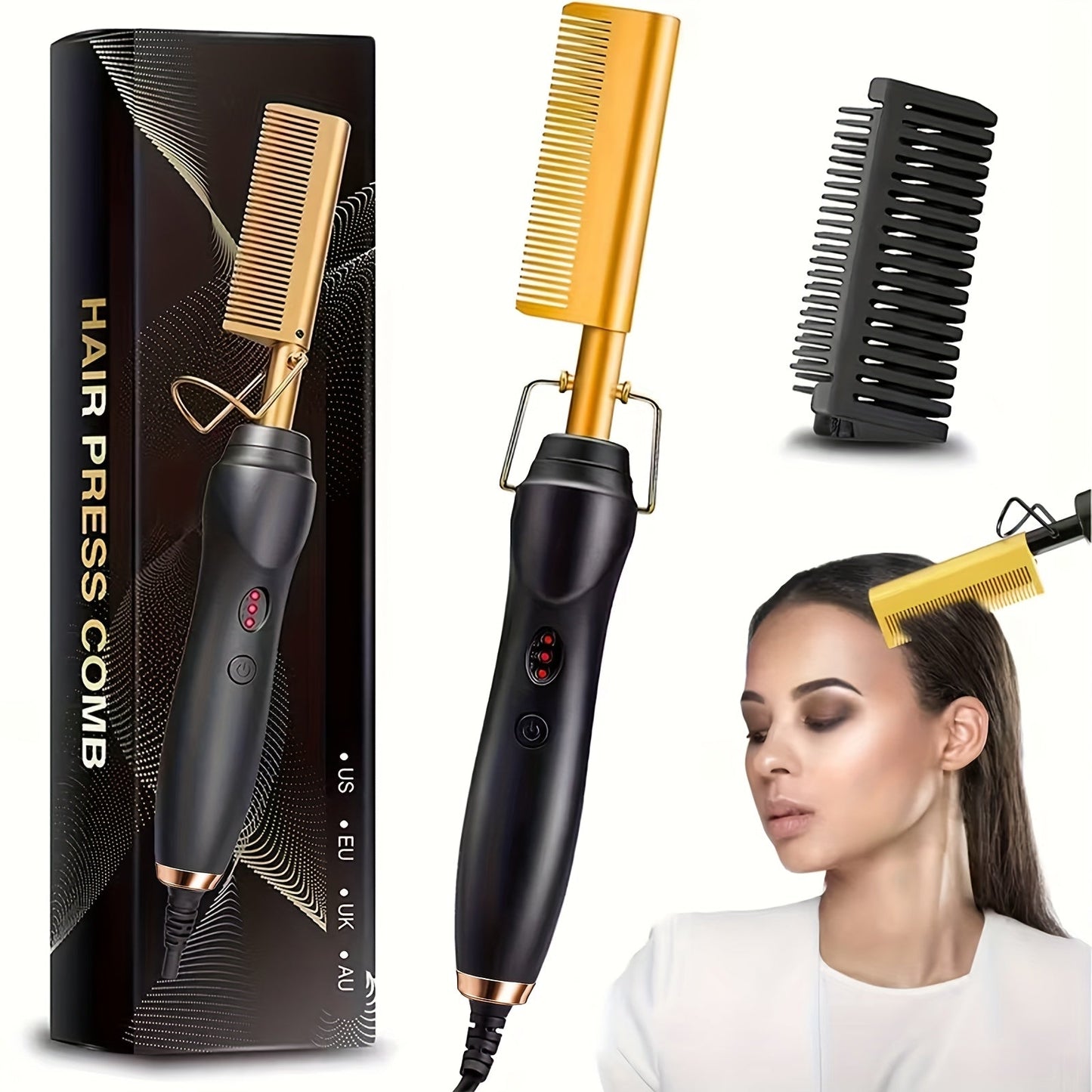 Electric Hot Comb Hair Straightener – 3-in-1 Ceramic Pressing Comb for Natural Hair, Beard & Wigs, Curling & Straightening Iron with Protective Holder, Bonus 2 Clips & 1 Comb, Gift Ready