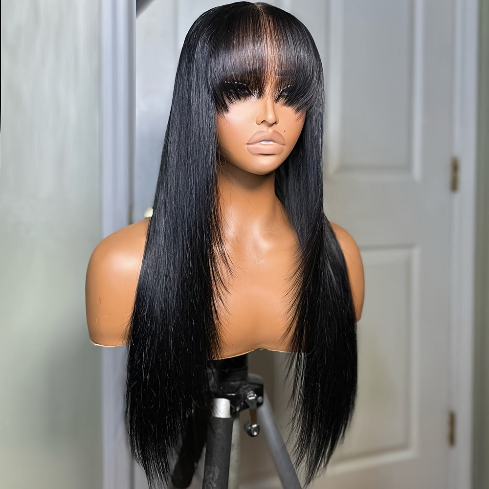 Long Straight Synthetic Lace-Front Wig with Curtain Bangs and Five 26-Inch Solid or Gradient Color Options