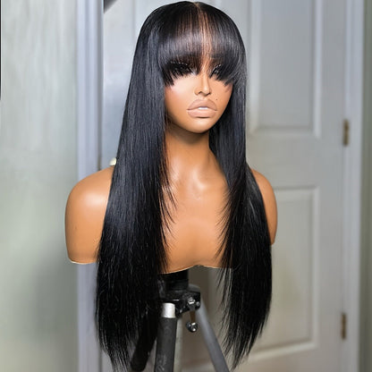 Long Straight Synthetic Lace-Front Wig with Curtain Bangs and Five 26-Inch Solid or Gradient Color Options
