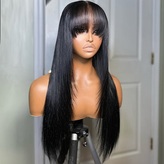 Curtain Bangs Lace Front Wig Synthetic Glueless 26 Inch Long Straight Pre-Bleached Realistic Scalp Natural Hairline 5 Colors Daily Wear Women