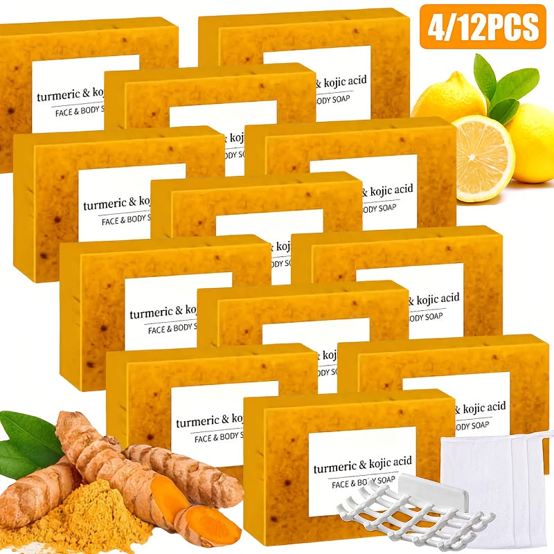 Turmeric and Kojic Acid Bar Soap, 12-Pack of 100g Bars with Lemon and Honey Labels plus Bubble Net