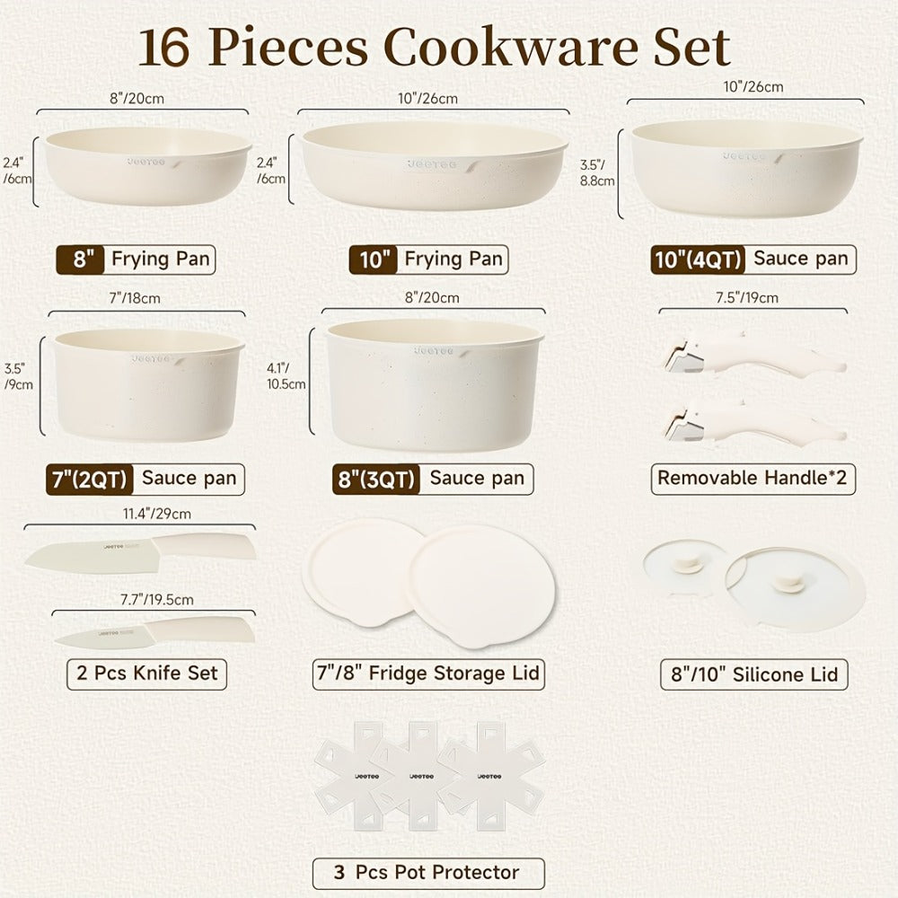 Detachable Handle Cookware Set 16 & 26 Piece Non-Stick PFOA-Free – Stackable Space-Saving Pots and Pans | Oven Safe 480°F Induction Compatible | RV Camping Kitchen Cooking Set in Black & Beige