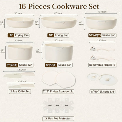Detachable Handle Cookware Set 16 & 26 Piece Non-Stick PFOA-Free – Stackable Space-Saving Pots and Pans | Oven Safe 480°F Induction Compatible | RV Camping Kitchen Cooking Set in Black & Beige