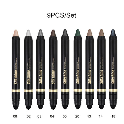 Nine-Piece Metallic Eyeshadow Stick Set with Brush in the Exact 9pcs Checkout Configuration