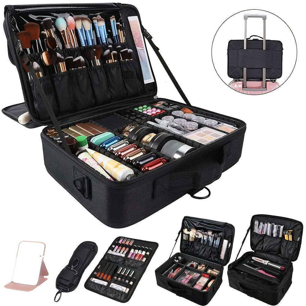 Black 15.8-Inch Soft Makeup Train Case with Three-Layer Interior, Brush Panel and Shoulder Strap