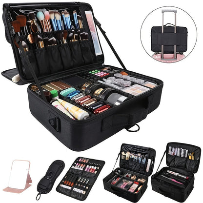 Black 15.8-Inch Soft Makeup Train Case with Three-Layer Interior, Brush Panel and Shoulder Strap
