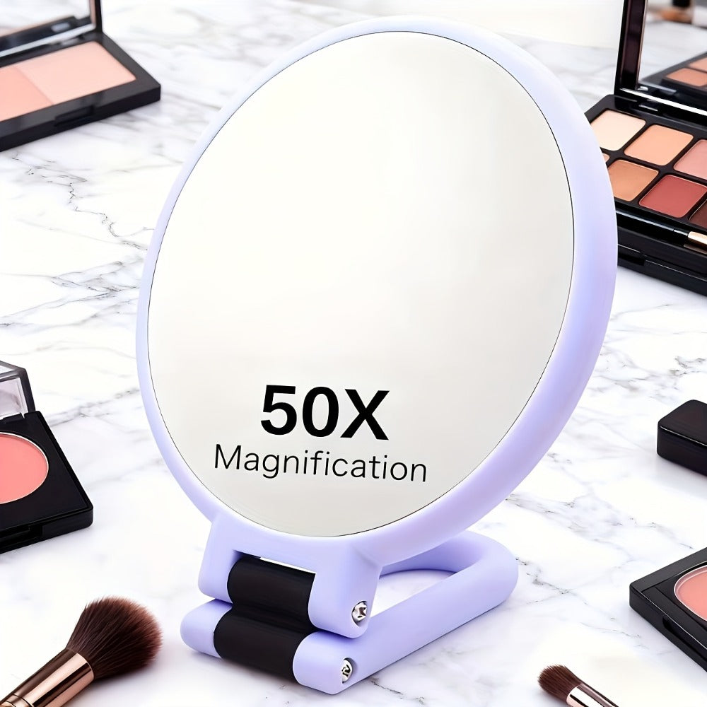 Makeup Mirror Dual-Sided 1X and 50X Handheld Round Compact with Folding 360° Handle in Black or White