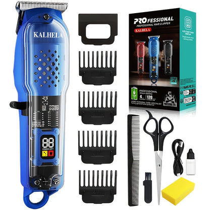 Retro Transparent Hair Clippers for Men – Electric Trimmer with LCD Display, USB Rechargeable Beard Clipper for Pompadour Fade Styles, Cordless Home Barber Tool, Red Black Blue