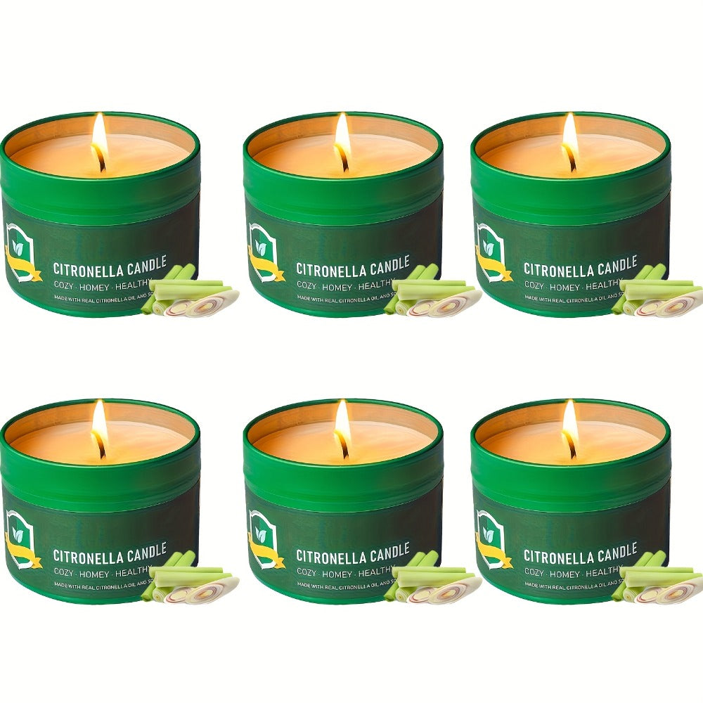 Citronella-Labeled Candle Six-Pack with 4.4 oz Green Round Tins, Gold-Tone Lids and Single-Wick Format