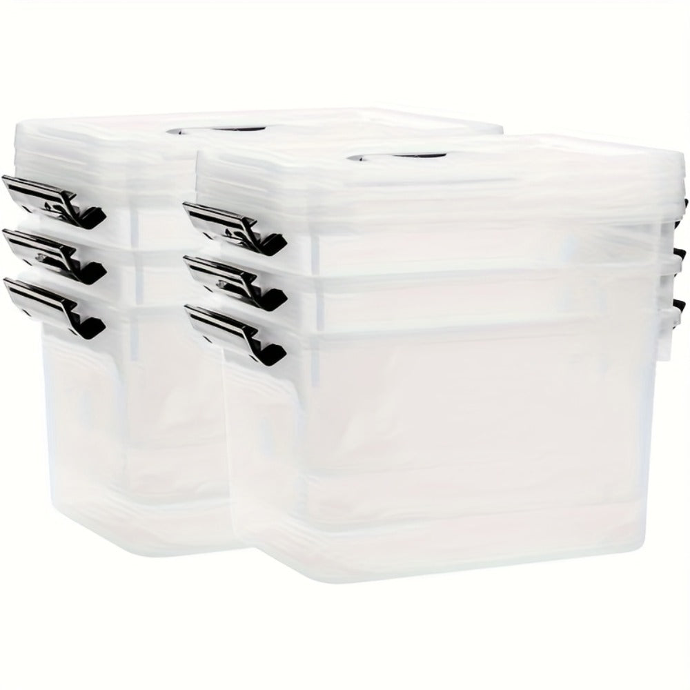 Six-Piece 6-Quart Clear Storage Box Set with Black Latches, Carry Handles and Stackable Lids