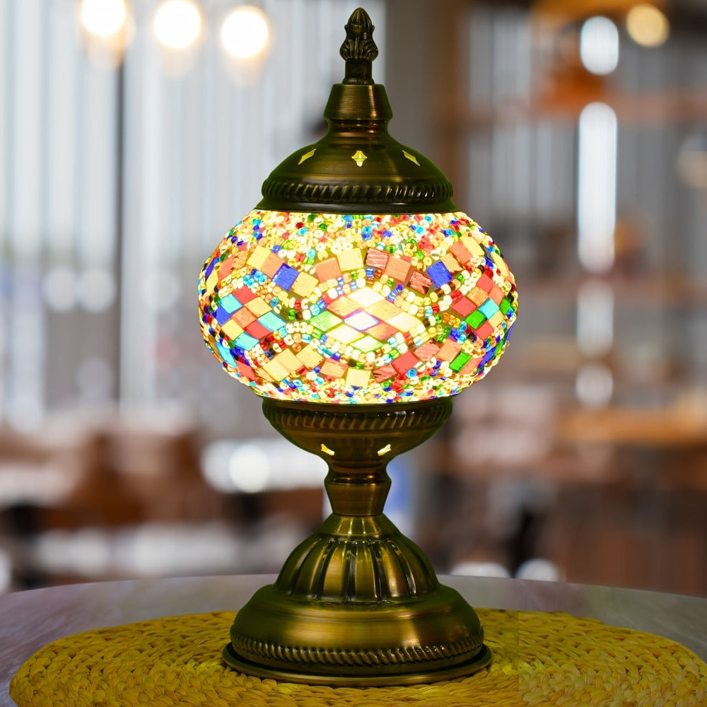 Table Lamp with Mosaic Glass Globe, Metal Base, Seven Color or Pack Options and Three White-Light Modes