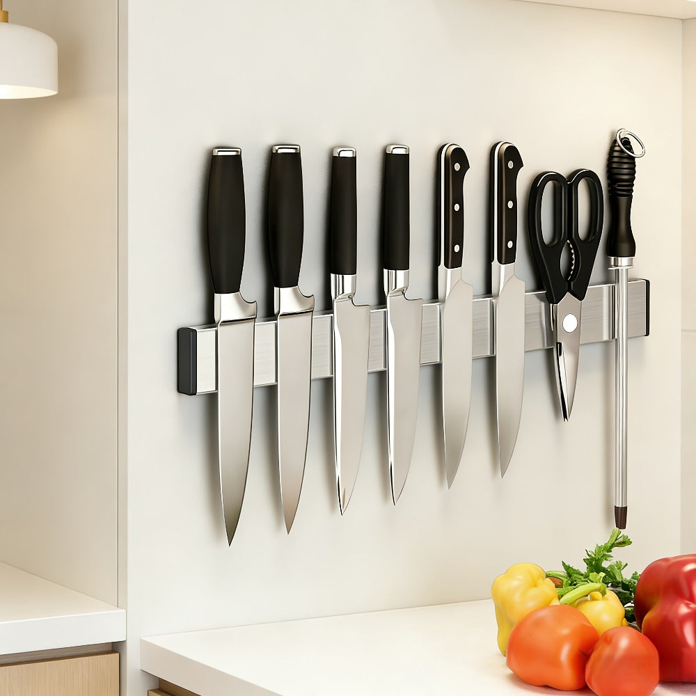 Magnetic Knife Holder Wall Mounted – Stainless Steel Punch-Free Knife Strip Rack for Kitchen, Holds Chef Knife Santoku Bread Knife, No-Drill Knife Bar for Home Restaurant Kitchen Organization