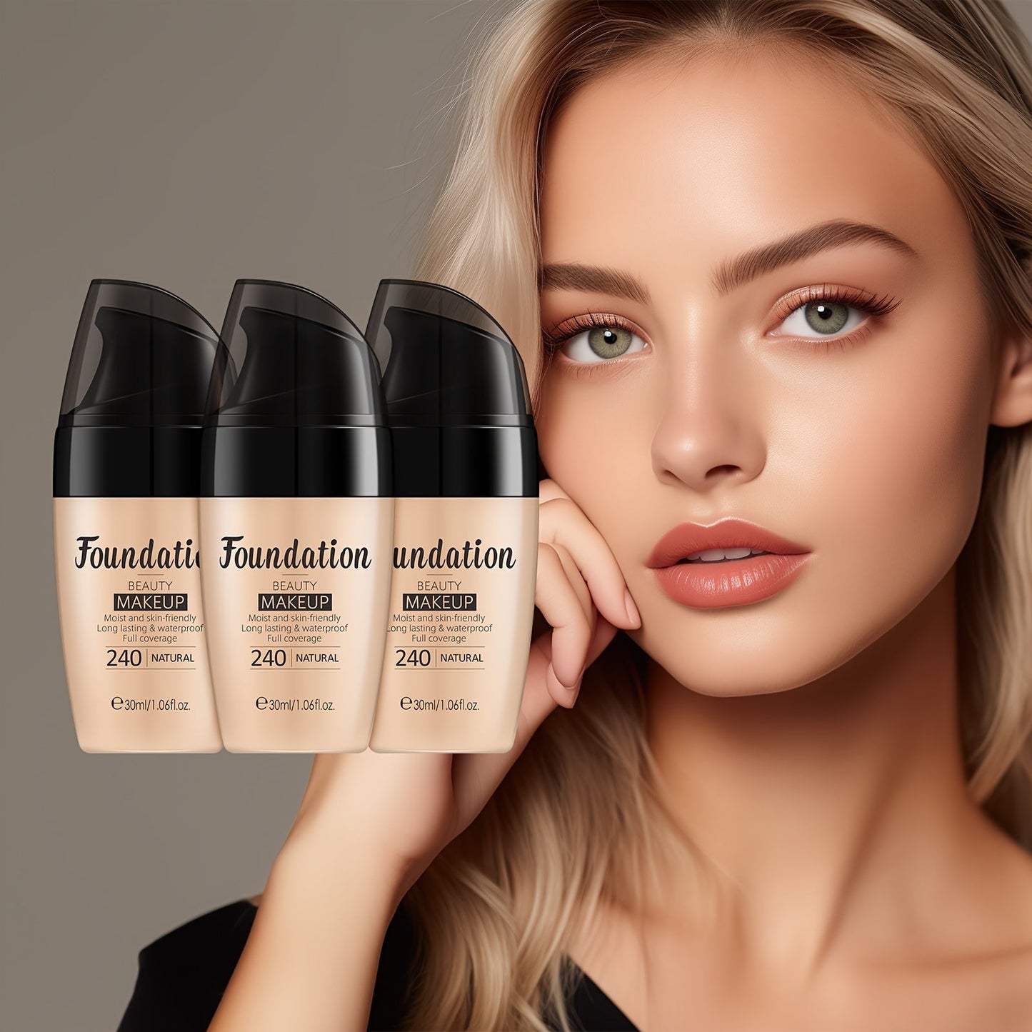Full Coverage Liquid Foundation Set 3 & 5pcs 30ml — Moisturizing Waterproof Long-Wearing Foundation, Flawless Finish for All Skin Types, Shades: Soft Ivory, Natural & Tan