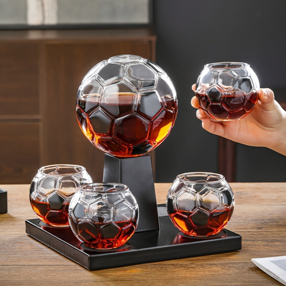 Soccer Ball Whiskey Decanter Set with 30 oz Ball-Shaped Bottle, Four Matching Cups and Black Display Stand