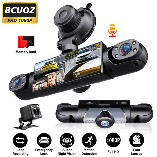 4-Channel 360° Dash Cam 1080P Front + 720P Rear Left Right All-Round Coverage, Quad-Screen Split Display, Night Vision, WDR, G-Sensor, Loop Recording – Optional 64GB Card
