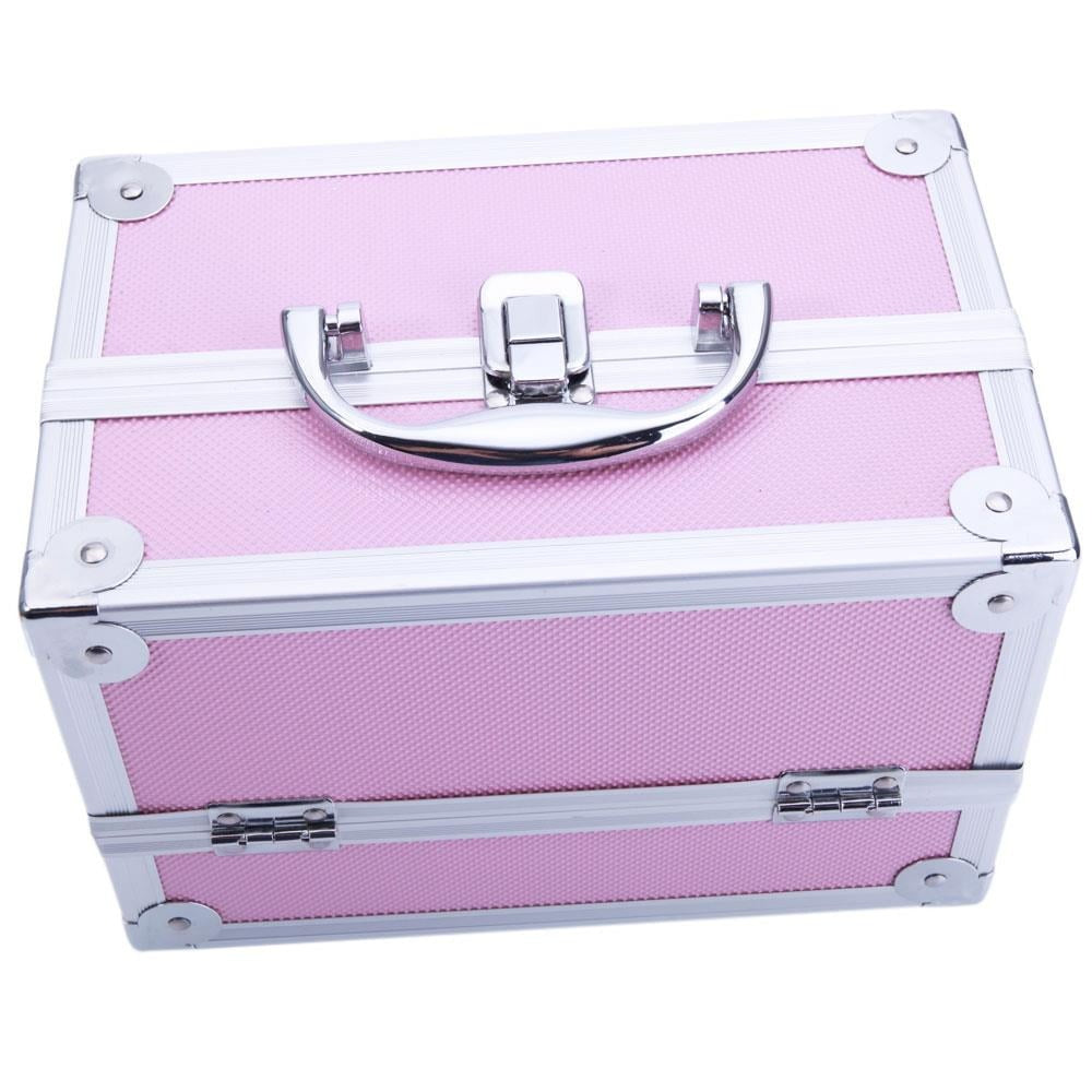 Tabletop Makeup Carry Case with Mirror, Fold-Out Trays and Dividers in Black, Silver or Pink