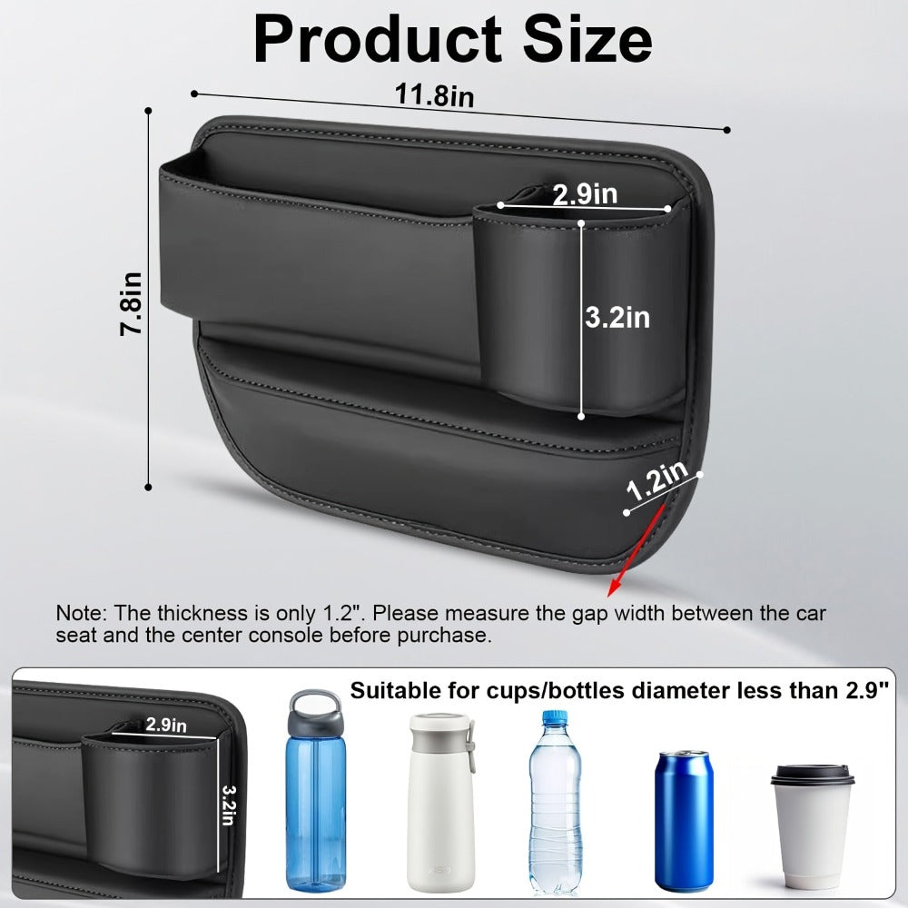 Car Seat Gap Organizer with Cup Holder – Adjustable PU Leather Side Seat Storage Box for Phone, Keys, Glasses & Cards | Multi-Functional Car Interior Organizer (2-Pack, Black)