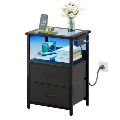 Nightstand Two Fabric Drawers with Charging Station, LED Accent Light and PU or Clear Desktop Options