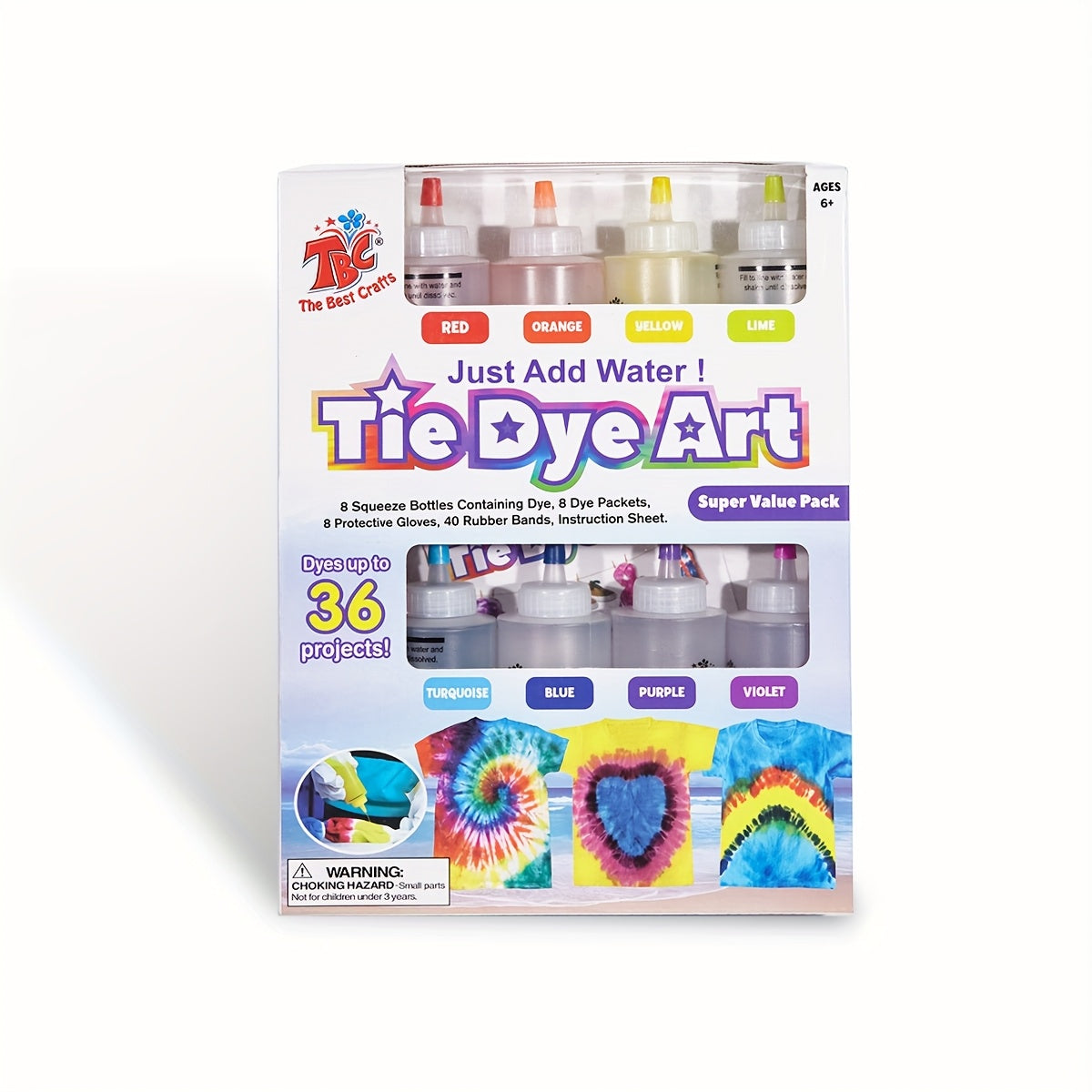 Tie-Dye Craft Kit with Eight Squeeze Bottles, Dye Packets, 40 Rubber Bands, Gloves and Instruction Sheet