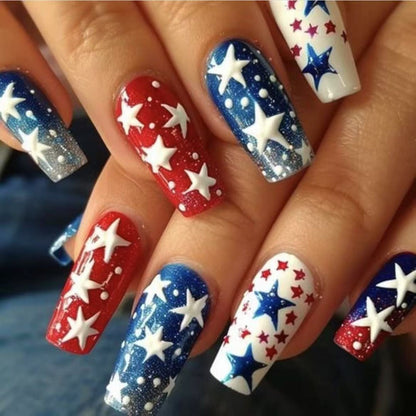 Press On Nails 216-Piece Medium Coffin Nine-Pack Red White Blue Stars and Stripes Patriotic Set