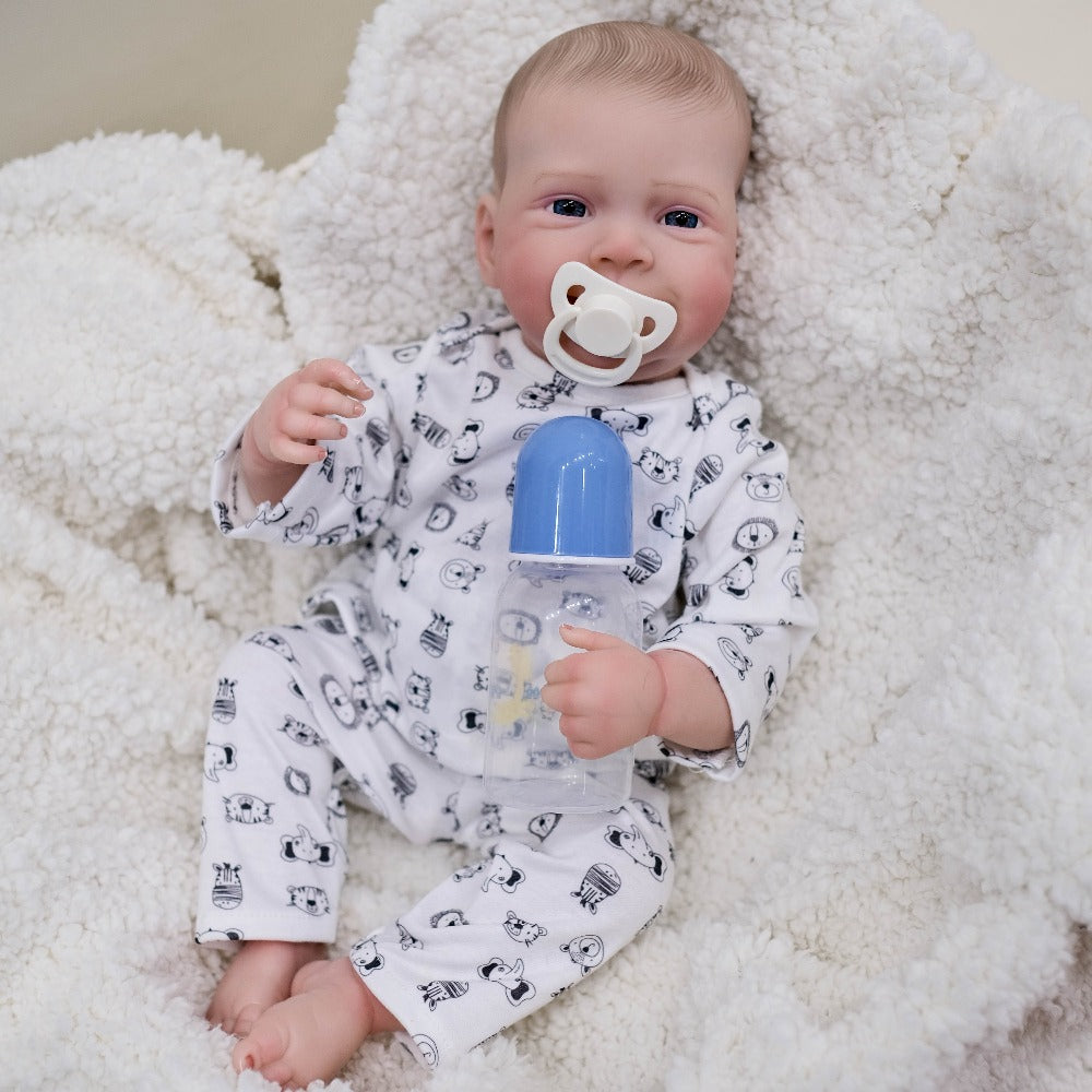Reborn Doll, 19-Inch Cloth-Body Smiling Figure with Vinyl Head and Limbs, Printed Outfit and Bottle