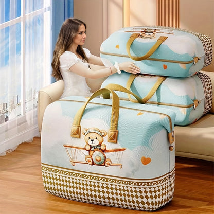 Large Zippered Bedding Storage Bag with Airplane Bear Print, Carry Handles and Exact One-Piece Size Option