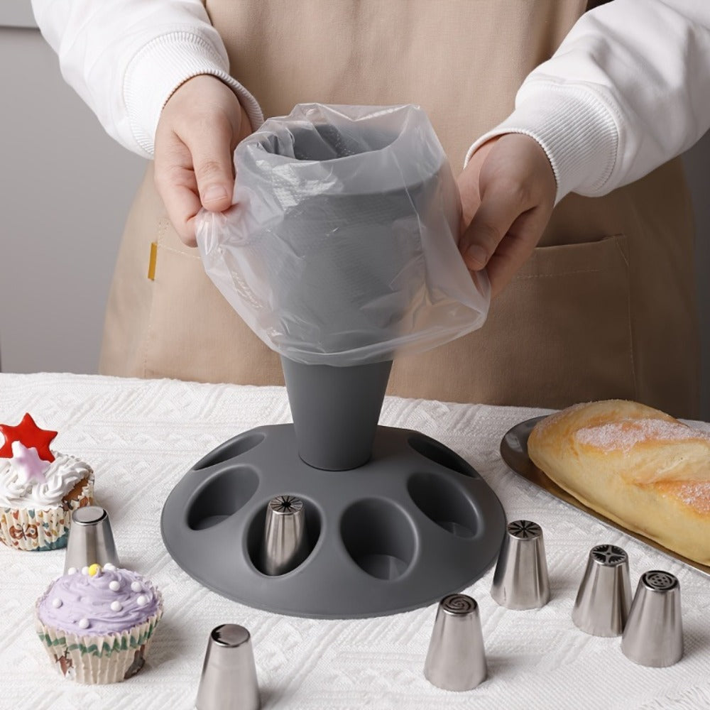 17-Piece Piping Bag Holder and Icing Nozzle Set for Cakes, Cupcakes, Cookies and Home Baking